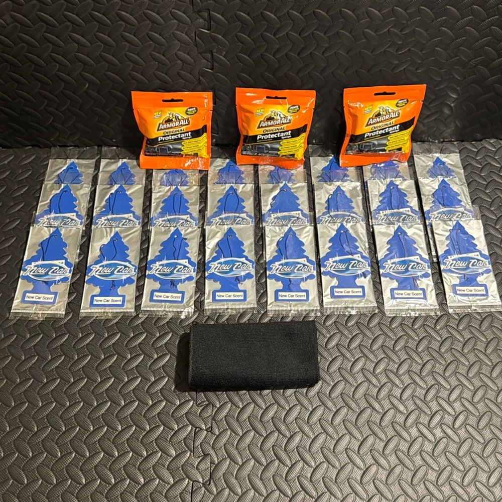 24• LITTLE TREE AIR FRESHENERS, 3•ARMOR ALL SPONGE, 1 BLK MICROFIBER RAG